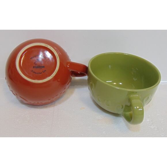 Soup Bowls With Handles KIC Stoneware Chili Green Brown 5" Embossed Letters VTG - Picture 9 of 11